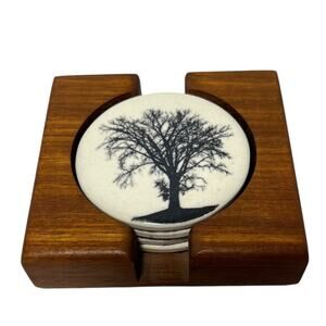 VTG Tree Of Life The Wooden Forge Ceramic Coaster 3.5" Set Wood Holder BC Canada